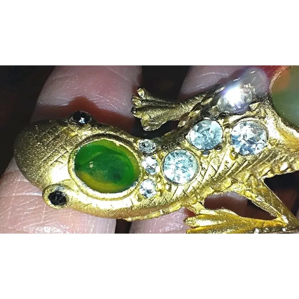 Large Lizard Gecko Brooch Pin Faux Jade Cabochon Rhinestone Gold Tone